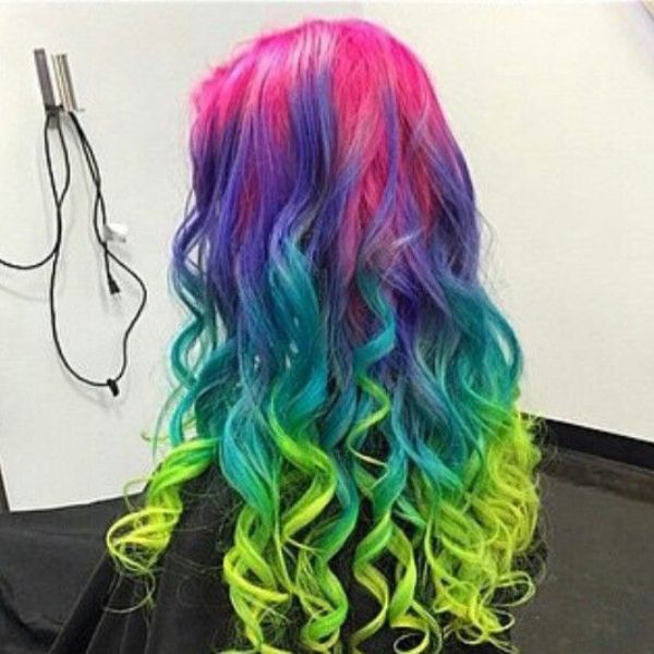 Green, pink, and purple hair