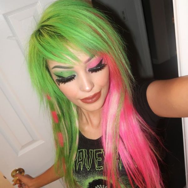 Pink and green dyed hair