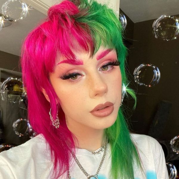 Pink and green split hair