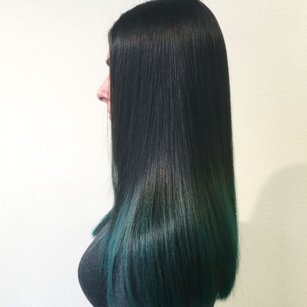 Dark black, green hair 
